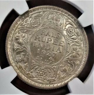 British India,  1927,  1/2 Rupee,  NGC UNC MS 64,  KGV,  Silver Coin,  KM 522. 3