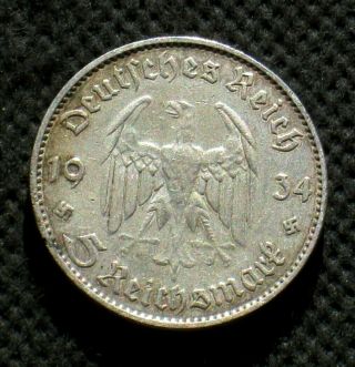 Old Silver 5 Reichsmark Coin Third Reich Germany Church Swastika 1934 A Berlin