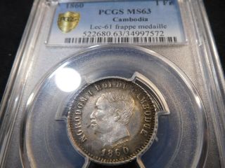 Y37 Cambodia 1860 Franc Lec - 61 Frappe Medaille Pcgs Ms - 63