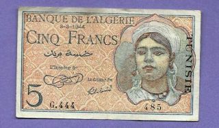 Banque De Algeria 5 Francs 1944 Vf Vichy Government K - 16