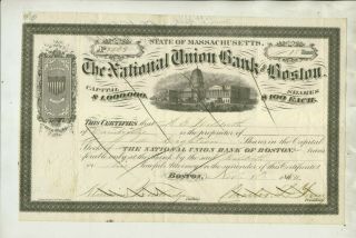 1880 National Union Bank Of Boston Stock Certificate