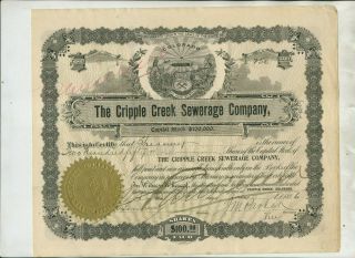 1896 Cripple Creek Sewerage Company Colorado Stock Certificate Issue 2