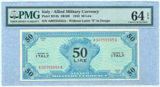 Italia 50 Lire 1943 M14b Pmg64 Choice Unc Epq Serie Aa 00755555
