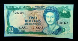 1989 British Bermuda Banknote 2 Dollars Unc Gem