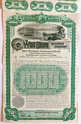 West Shore Railroad Company 1885 $1,  000 Bond Certificate With Coupons