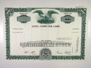Alpex Computer Corp. ,  1978 100 Shrs Specimen Stock Certificate,  Xf