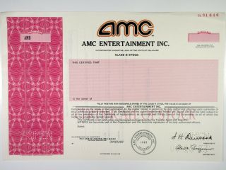 Amc Entertainment Inc. ,  1983 Class B Specimen Stock Certificate,  Xf