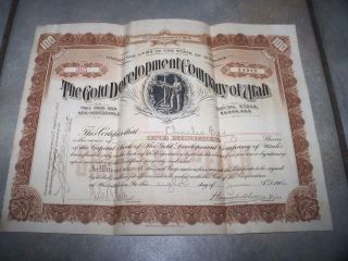 1906 The Gold Development Company Of Utah 100 Shares Stock Certificate Mining