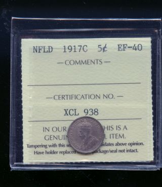 1917 Newfoundland Silver 5 Cents Iccs Certified Ef40 B008