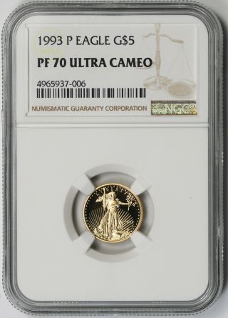 1993 - P American Gold Eagle $5 Tenth - Ounce Proof Pf 70 Ultra Cameo Ngc 1/10 Oz