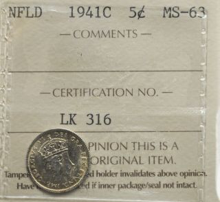 1941 - C Newfoundland 5 Cents Iccs Graded Ms - 63