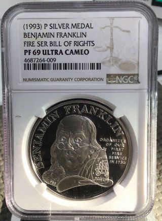 1993 P Silver Medal Ben Franklin Fire Ser Bill Of Rights Pf 69 Ultra Cameo.  D