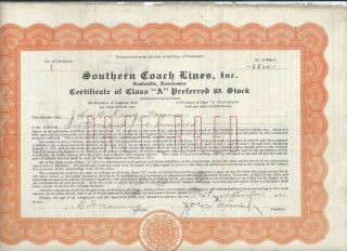 Chattanooga,  Tennessee: Southern Coach Lines 1941 Preferred Stock Certificate 1