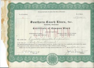 Chattanooga,  Tennessee: Southern Coach Lines 1941 Common Stock Certificate 1
