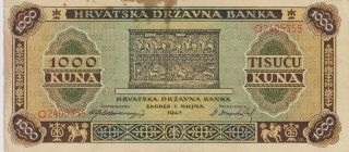 1943 Croatia 1000 Tisucu Kuna Hrvatska Drzavna Banka - Paper Money Banknote
