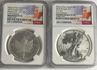 2019 W $1 & $5 Silver Reverse Proof Ngc Pf70 Er Pride Of Two Nations 2 Coin Set.