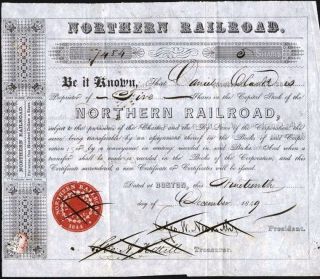 Northern Railroad,  Bostonmmass,  1849,  Issued Stock Certificate
