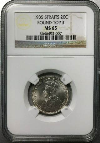 1935 Straits Settlements 20 Cent Round Top 3 Ngc Ms65 Toned