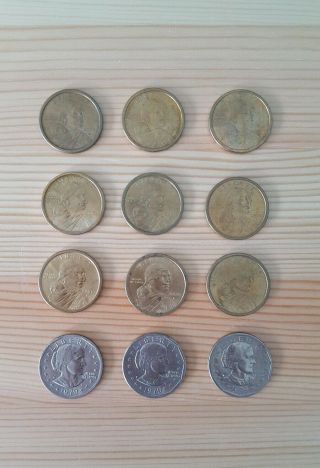 12 Us Dollar Coins - 10 Sacagawea (2000) & 2 Susan B.  Anthony (1979) Circulated