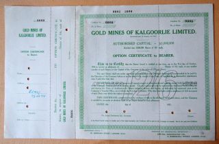 Australia Gold Mines Of Kalgoorlie Ltd Bradbury Specimen Option Certificate 1934