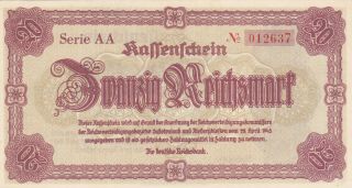 20 Reichsmark Unc Banknote From Nazi Germany 1945 April 28.  Sudetenland Pick - 187