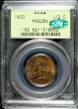 1833 Half Cent Pcgs Ms62bn Cac Ogh