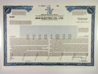 Japan.  Akai Electric Co. ,  Ltd. ,  1989 Specimen Adr Certificate,  Xf Abnc