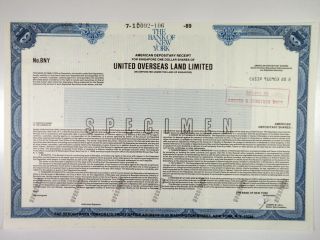 Singapore.  United Overseas Land Ltd. ,  1989 Specimen Adr Certificate,  Xf Abnc