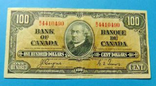 1937 Bank Of Canada 100 Dollar Note - B/j4410490 - Grade Vf30