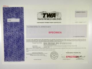 Trans World Airlines (twa),  1980s Specimen Certificate,  Xf - Purple