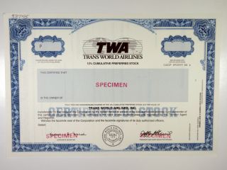 Trans World Airlines (twa),  1980s Preferred Stock Specimen Certificate,  Xf - Blue