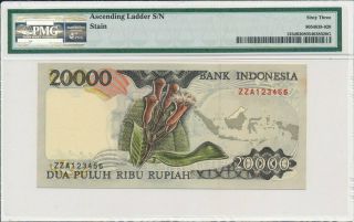 Bank Indonesia 20,  000 Rupiah 1998 Prefix ZZA 123456 Ascending S/No.  PMG 63 2