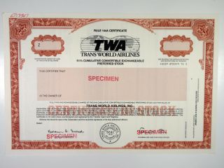 Trans World Airlines (twa),  1980s Preferred Stock Specimen Certificate,  Xf - Brown