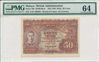 Board Of Comm.  Of Currency Malaya 50 Cents 1941 Pmg 64
