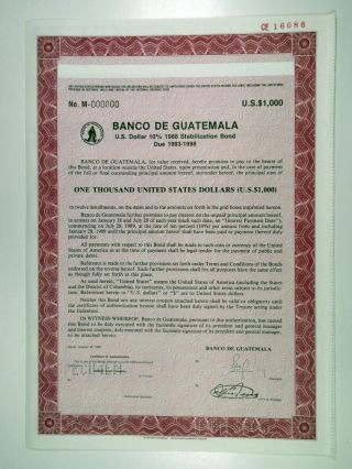Banco De Guatemala,  1989 $1,  000 Specimen 10 Coupon Bond,  Xf