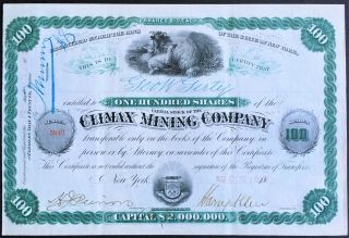 Climax Mining Company Stock 1882.  Leadville,  Co.  Stock & Abnc Vig.  Vf,