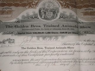 1924 Stock Certificate Golden Bros Trained Animal Show Circus Memorabilia