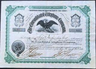 Consolidated Telephone Company Stock 1884.  Newark,  Nj.  Early Telephone Co Scarce