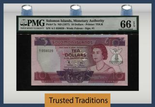 Tt Pk 7a 1977 Solomon Islands 10 Dollars " Queen Elizabeth Ii " Pmg 66 Epq Gem Unc