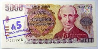 Argentina Banknote 5 Australes,  Pick 321 Unc 1985 (overprinted)