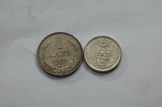 Latvia 1 Lats 1924 Silver,  Netherlands 25 Cents 1944 P Silver B10 Syf34