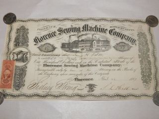 1867 Florence Sewing Machine Company Capital Stock Certificate Springfield Ma