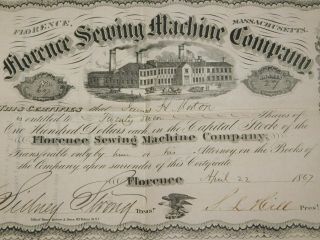1867 Florence Sewing Machine Company Capital Stock Certificate Springfield MA 2