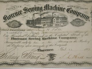 1867 Florence Sewing Machine Company Capital Stock Certificate Springfield MA 3