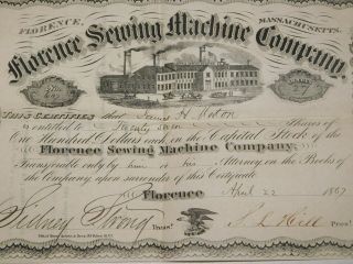 1867 Florence Sewing Machine Company Capital Stock Certificate Springfield MA 8