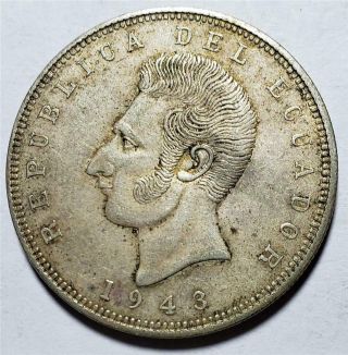 Ecuador,  5 Sucres,  1943mo,  Extra Fine, .  5787 Ounce Silver