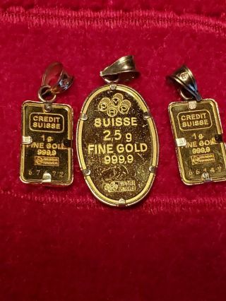 24k 999.  9 Fine Suisse Gold With Three 14k Gold Bezels 6.  3 Grams