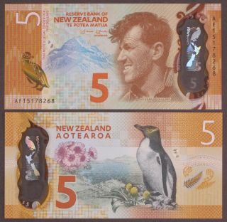 Zealand 5 Dollars,  2015 P - 191 Penguin Polymer Unc