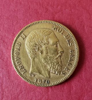 1870 Belgium Gold Coin Leopold Ii 20 Fr Francs 6.  44 Grams