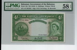Government Of The Bahamas 4/ - Shillings1953 Au 58 Certified